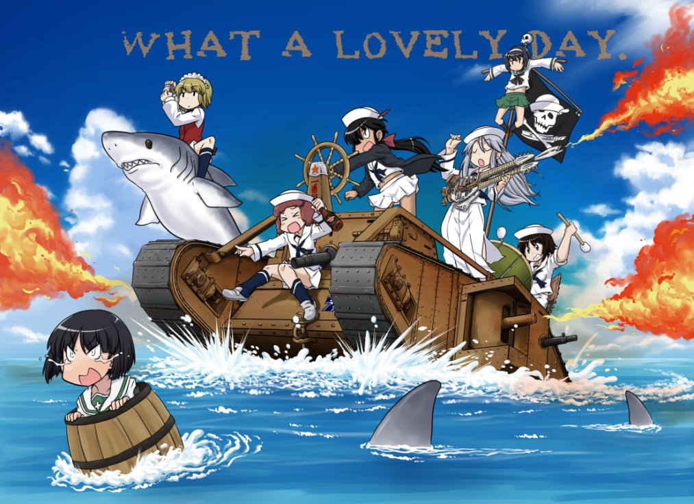 &gt;_&lt; 6+girls barrel bartender beer_bottle black_coat black_eyes black_hair black_legwear black_neckerchief blonde_hair blouse blue_legwear blue_sky blunt_bangs blush_stickers bottle bow brown_vest closed_eyes closed_mouth cloud cloudy_sky coat cocktail_shaker constricted_pupils crying crying_with_eyes_open curly_hair cutlass_(girls_und_panzer) dark-skinned_female dark_skin day dixie_cup_hat double_neck_guitar dress_shirt driving drum drumsticks electric_guitar emblem english_text fire flint_(girls_und_panzer) frown girls_und_panzer green_skirt guitar hair_bow hair_over_one_eye hat hat_feather holding holding_bottle holding_drumsticks instrument jolly_roger laughing loafers long_hair long_skirt long_sleeves mad_max mad_max:_fury_road maid_headdress mark_iv_tank military military_hat military_vehicle miniskirt motor_vehicle multiple_girls murakami_(girls_und_panzer) music navel neckerchief ocean ogin_(girls_und_panzer) ooarai_(emblem) ooarai_naval_school_uniform ooarai_school_uniform open_clothes open_coat open_mouth outdoors parody playing_instrument pleated_skirt pointing ponytail print_legwear red_bow red_hair reizei_mako riding riding_shark rum_(girls_und_panzer) sailor sailor_collar school_uniform serafuku shark shirt shoes short_hair side_slit sitting skirt sky smile socks sono_midoriko standing standing_on_one_leg star_(symbol) steering_wheel takanaga_kouhei tank tears v-shaped_eyes vest white_footwear white_headwear white_shirt white_skirt