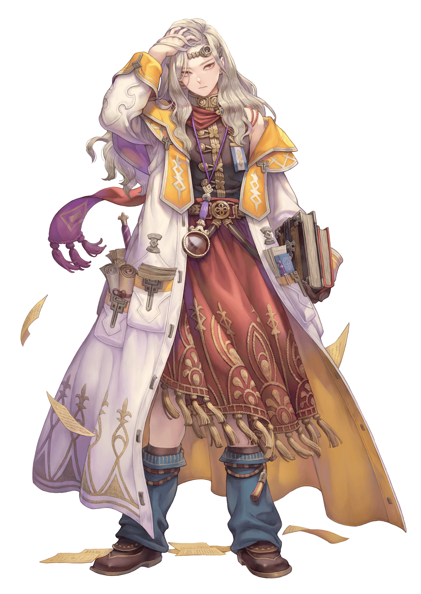 1boy bishounen book boots coat full_body grey_hair haccan highres holding holding_book long_hair magnifying_glass male_focus official_art open_clothes open_coat pages red_eyes second-party_source seiken_densetsu single_bare_shoulder solo tassel transparent_background visions_of_mana