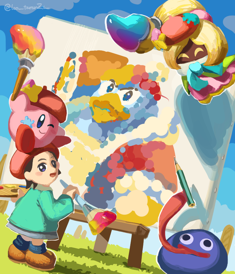 2boys 2girls adeleine beret black_hair blonde_hair blue_eyes blush_stickers dutch_angle full_body gooey_(kirby) grass hat holding holding_paintbrush king_dedede kirby kirby_star_allies kirby_(series) leo_taranza looking_at_viewer multiple_boys multiple_girls nintendo one_eye_closed open_mouth outdoors paint_splatter paint_splatter_on_face paintbrush painting_(action) painting_(object) paint_palette pencil skirt smile smock tongue tongue_out vividria