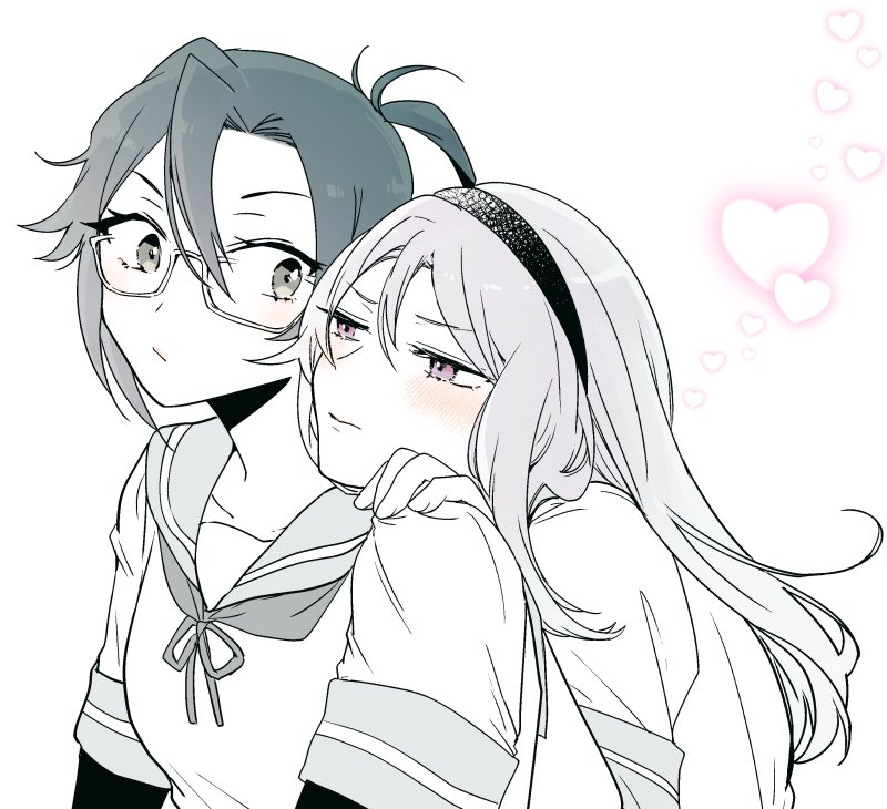 2girls amagiri_(kancolle) arm_warmers chococakepicnic commentary glasses hairband head_on_another&#039;s_shoulder heart kantai_collection multiple_girls neckerchief ponytail sagiri_(kancolle) sailor_collar sailor_shirt school_uniform serafuku shirt upper_body