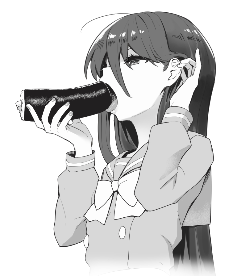 1girl ahoge bow bowtie ehoumaki food greyscale hair_between_eyes long_hair long_sleeves makizushi monochrome ohlia open_mouth school_uniform serafuku sexually_suggestive shakugan_no_shana shana shirt simple_background solo sushi tongue tongue_out upper_body white_background
