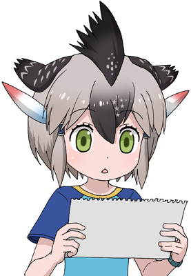 1girl bad_source bird_wings black_hair commentary_request eyelashes feather_hair_ornament feathered_wings feathers gradient_hair greater_roadrunner_(kemono_friends) green_eyes grey_hair hair_between_eyes hair_ornament hair_tubes hands_up head_wings holding holding_paper kemono_friends kemono_friends_2 lowres maso_(ascii_art) multicolored_hair open_mouth paper raglan_sleeves short_hair short_sleeves simple_background solo star_(symbol) triangle_mouth two-tone_hair upper_body white_background wings