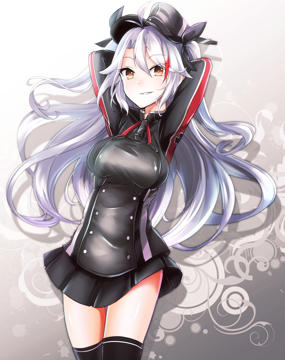 1girl anchor_hair_ornament azur_lane black_thighhighs commentary_request cosplay cowboy_shot cross female_focus hair_ornament hat highres historical_name_connection iron_cross kantai_collection looking_at_viewer microskirt military military_hat military_uniform multicolored_hair name_connection peaked_cap prinz_eugen_(azur_lane) prinz_eugen_(kancolle) prinz_eugen_(kancolle)_(cosplay) red_eyes silver_hair skirt solo streaked_hair tanashi_(mk2) thighhighs two_side_up wavy_mouth