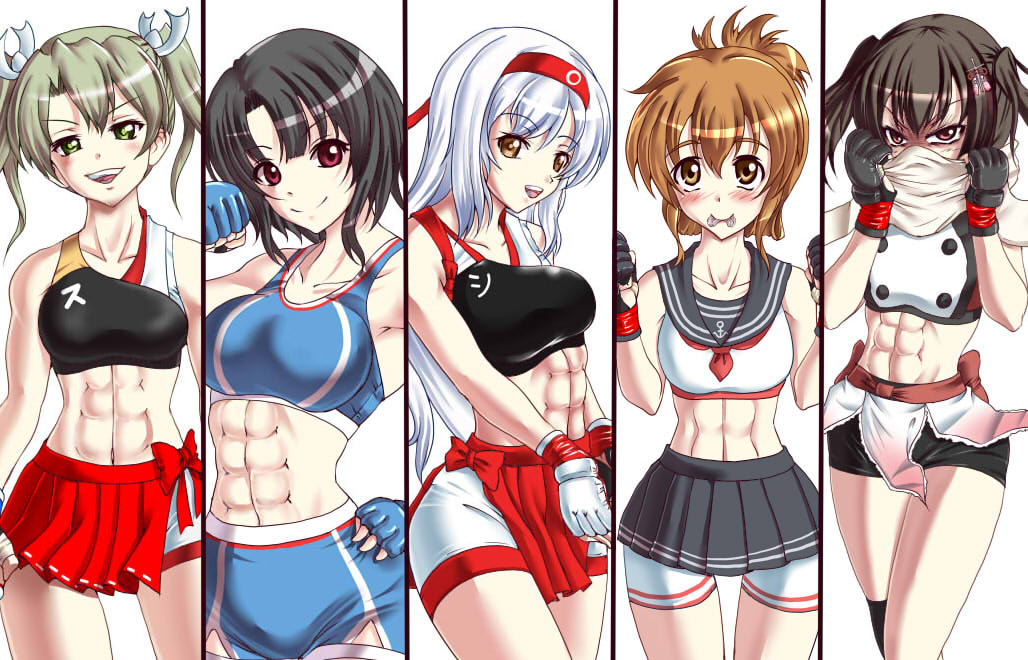 5girls abs bike_shorts black_gloves black_hair brown_hair fingerless_gloves folded_ponytail gloves green_eyes green_hair hairband headband inazuma_(kancolle) kantai_collection long_hair midriff miniskirt mixed_martial_arts multiple_girls muneate muscular muscular_female navel red_eyes rigid rigidsteed sendai_(kancolle) short_hair shorts shoukaku_(kancolle) skirt sports_bra takao_(kancolle) toned twintails zuikaku_(kancolle)