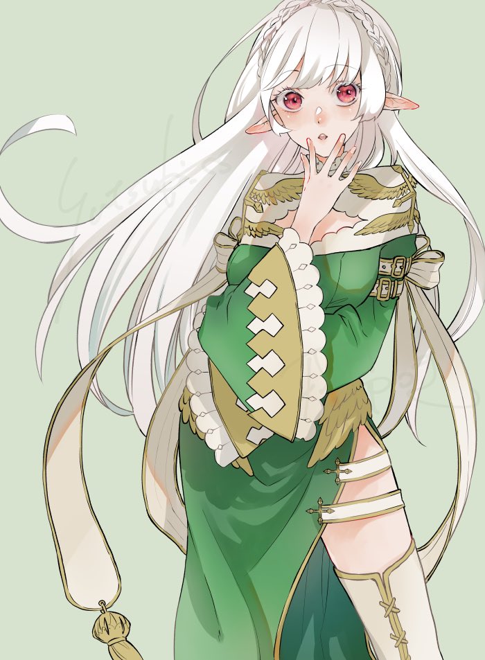 1girl alternate_color arm_under_breasts blush boots braid breasts cardinal_(ragnarok_online) cleavage_cutout clothing_cutout cowboy_shot crown_braid dress fingernails frilled_sleeves frills green_background green_dress hand_on_own_chin large_breasts long_dress long_hair long_sleeves looking_at_viewer open_mouth pointy_ears ragnarok_online red_eyes side_slit solo thigh_boots two-tone_dress very_long_hair white_boots white_dress white_hair yutsuki
