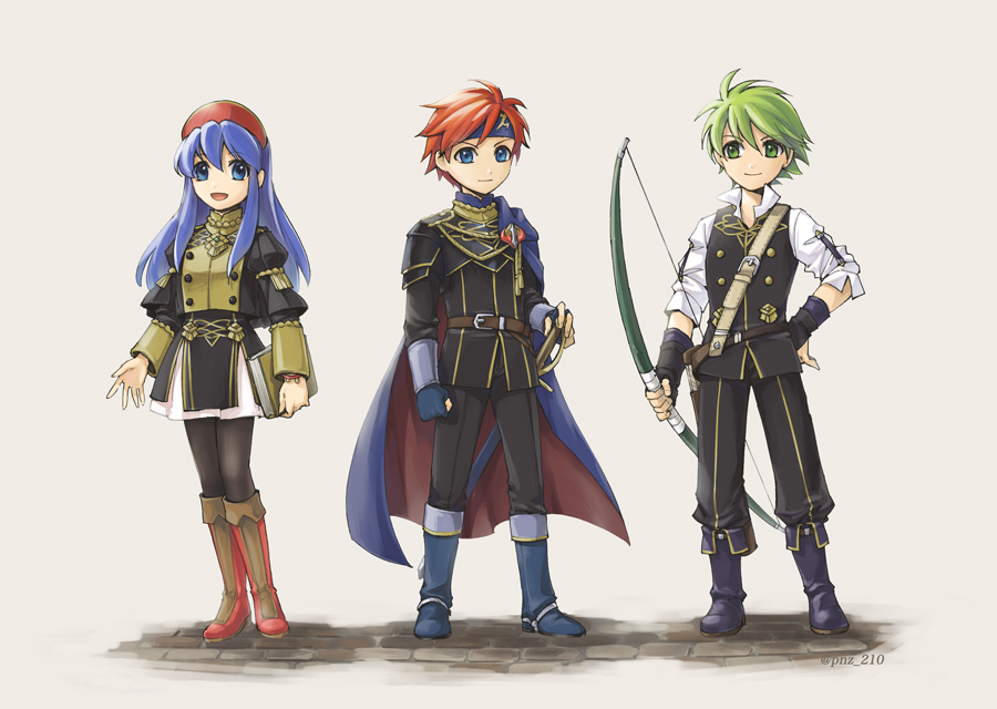 1girl 2boys blue_eyes blue_hair book bow fire_emblem fire_emblem:_the_binding_blade fire_emblem:_three_houses green_eyes green_hair lilina_(fire_emblem) multiple_boys nintendo red_hair roy_(fire_emblem) sword weapon wolt_(fire_emblem)