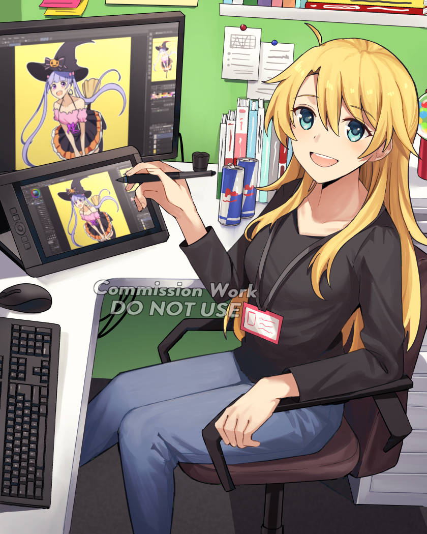 2girls aqua_eyes black_shirt blonde_hair blue_pants book breasts broom broom_riding can chair commission drawing_tablet dress feet_out_of_frame hat holding indoors computer_keyboard kuki_tan long_hair long_sleeves looking_at_viewer medium_breasts computer_mouse multiple_girls name_tag new_game! office office_chair open_mouth pants shirt sitting solo_focus suzukaze_aoba swivel_chair teeth upper_teeth_only watermark witch_hat yagami_kou