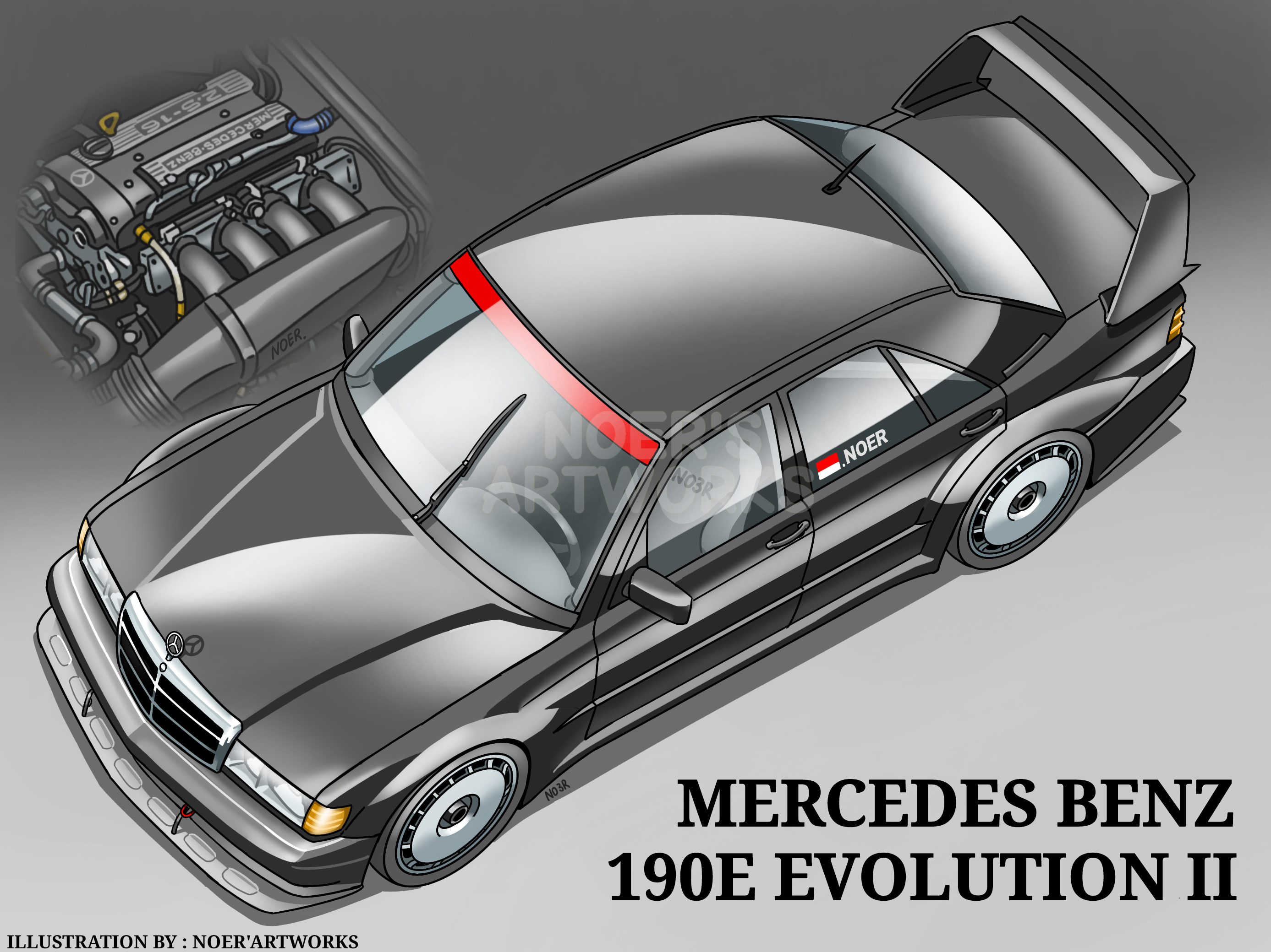 artist_name black_car car from_above highres indonesian_flag mercedes-benz mercedes-benz_190e motor_vehicle no_humans noerartworks original spoiler_(automobile) vehicle_focus vehicle_name watermark