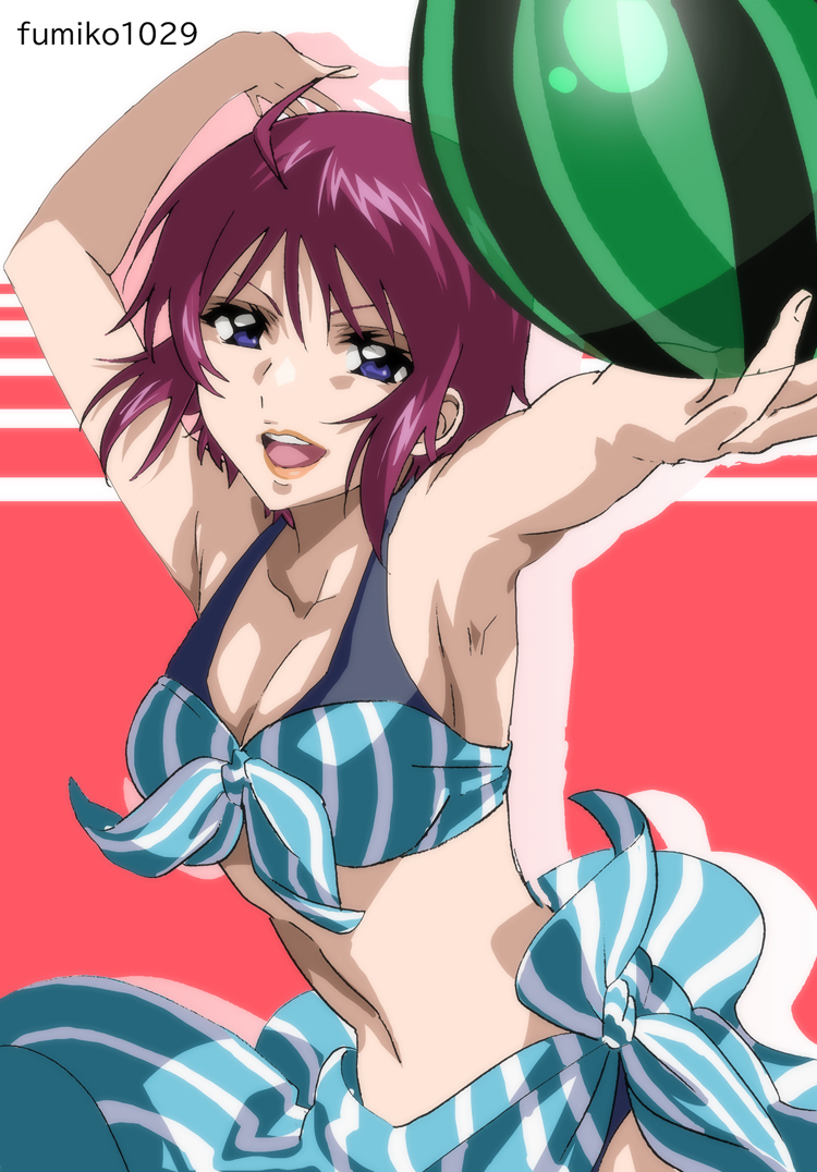 1girl ahoge ball beachball bikini blue_bikini breasts fumiko_(mesushi) gundam gundam_seed gundam_seed_freedom holding holding_ball holding_beachball looking_at_viewer lunamaria_hawke purple_hair red_hair short_hair smile solo swimsuit
