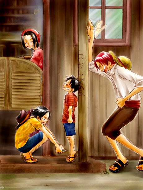 1girl 3boys bandana bar_(place) black_hair brother brothers child east_blue family freckles hat laughing makino_(one_piece) measuring monkey_d._luffy multiple_boys one_piece outdoors porch portgas_d._ace post red_hair sandals scar shanks_(one_piece) shorts siblings smile standing straw_hat window aged_down