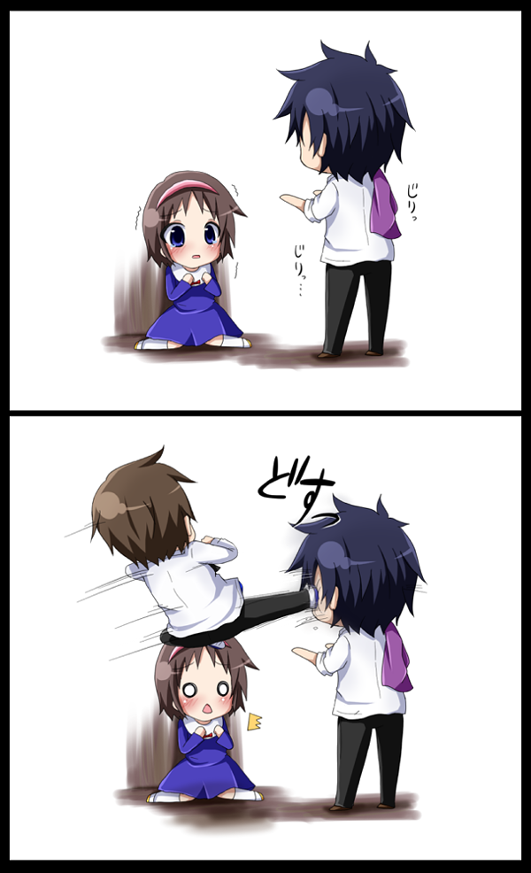 1girl 2boys :&lt; ^^^ black_hair blue_eyes blush brown_hair chibi corpse_party hairband jacket jacket_over_shoulder unworn_jacket kicking kizami_yuuya mochida_satoshi mochida_yuka multiple_boys o_o school_dress school_uniform shaking shinji_(udonteishoku) short_hair simple_background surprised tears trembling white_background