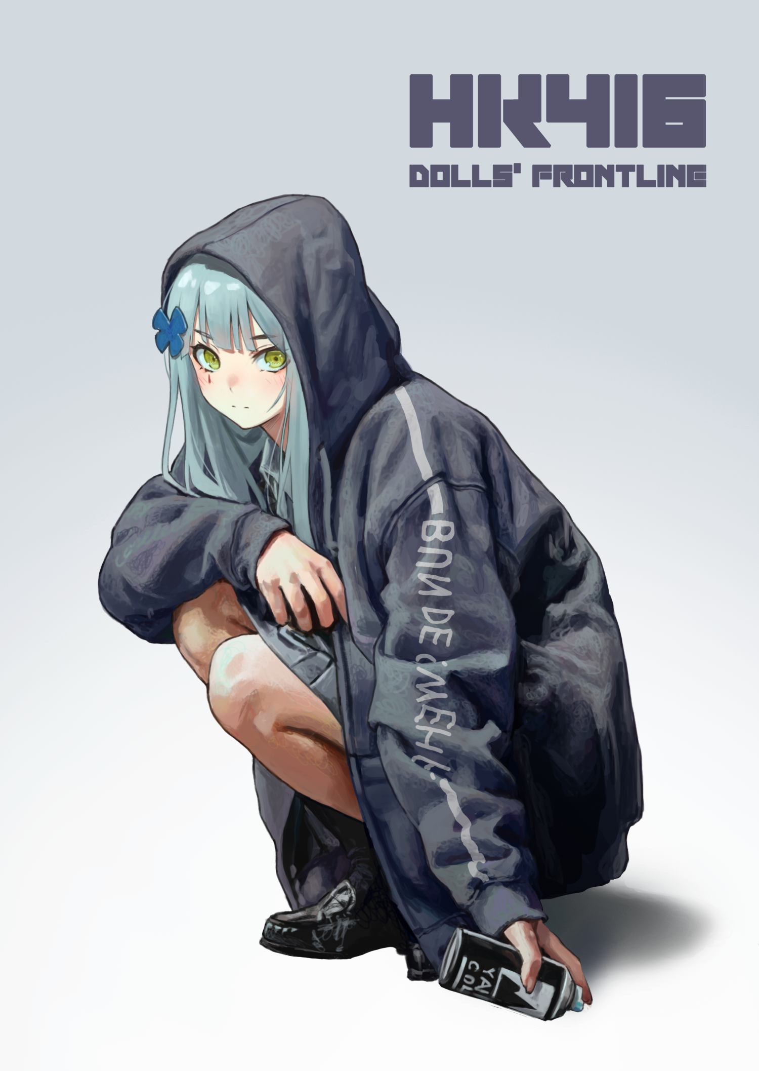 1girl alternate_costume arm_on_knee bare_legs black_hoodie black_skirt blue_hair blush boots casual character_name copyright_name cross expressionless facepaint from_side full_body girls'_frontline green_eyes hair_ornament hairclip highres hk416_(girls'_frontline) hood hood_down hoodie iron_cross knees_to_chest leaning_forward long_hair looking_at_viewer miniskirt niud open_clothes open_hoodie pleated_skirt skirt solo spray_paint squatting staring teardrop very_long_hair