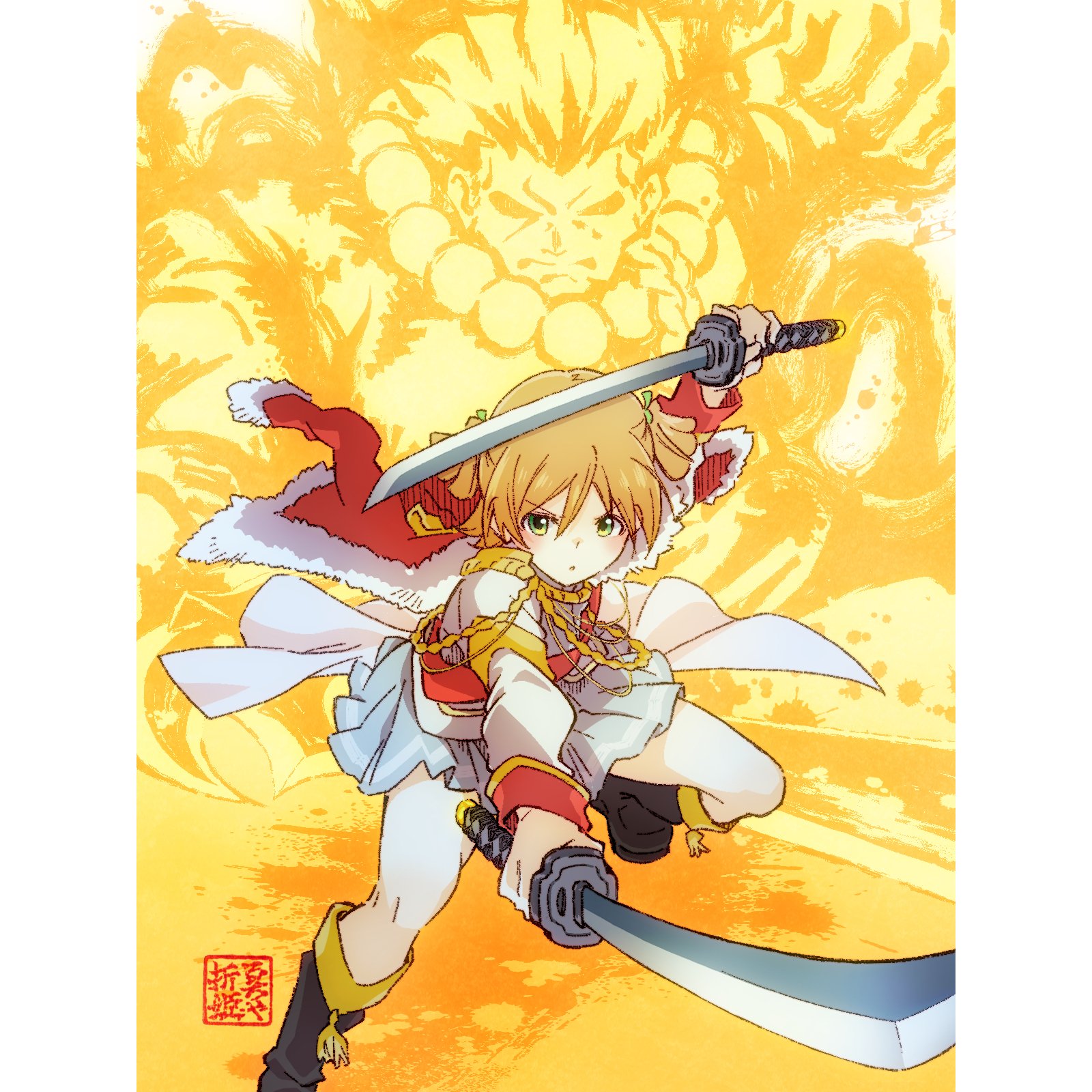 1girl acala aiguillette arm_up artist_name black_boots blonde_hair boots commentary daiba_nana dual_wielding epaulettes fiery_background fighting_stance fire foot_out_of_frame fur-trimmed_jacket fur_trim green_eyes green_ribbon grey_skirt hair_ribbon hand_up highres holding holding_sword holding_weapon jacket jacket_on_shoulders katana knee_boots leaning_forward light_blush long_sleeves looking_at_viewer miniskirt oriotohime outstretched_arm parted_lips pillarboxed pleated_skirt red_jacket red_sash ribbon sash short_hair short_twintails shoujo_kageki_revue_starlight shoulder_sash single_stripe skirt solo standing standing_on_one_leg striped_clothes striped_skirt sword tassel twintails v-shaped_eyebrows weapon yellow_background