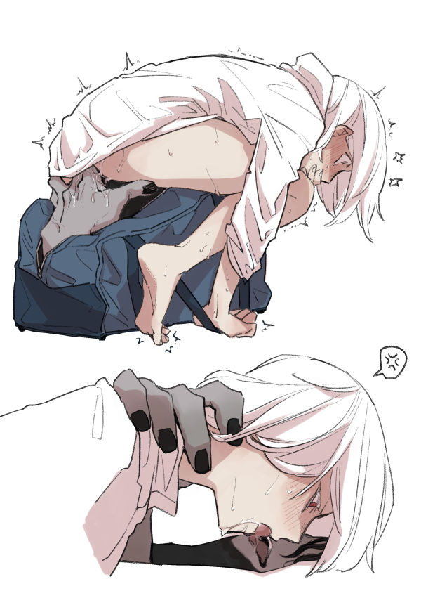 1boy 1girl bag bayonet_(flt906) black_hair black_nails bottomless commentary_request covering_own_mouth duffel_bag fingering french_kiss hand_over_own_mouth heroine_(homicipher) hetero homicipher hood hood_down kiss mr._gap pussy_juice raincoat red_eyes short_hair simple_background squatting twitching vaginal white_background white_hair