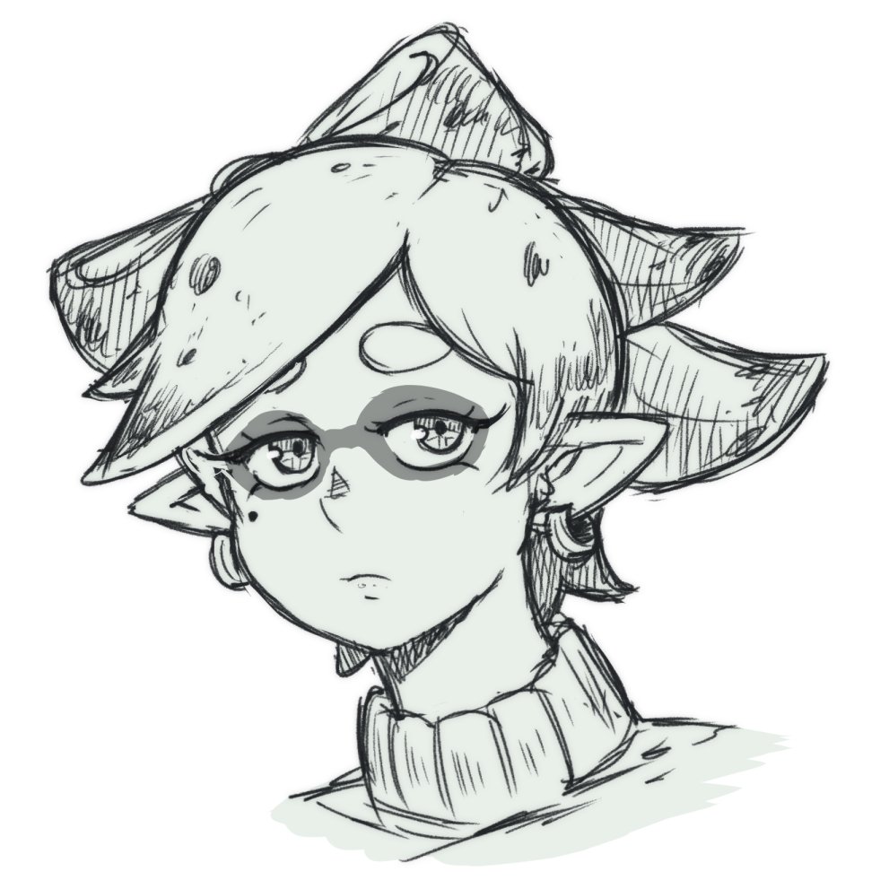 1girl akairiot bored earrings greyscale inkling jewelry looking_at_viewer marie_(splatoon) monochrome nintendo object_on_head simple_background sketch solo splatoon_(series) sweater tentacle_hair upper_body white_background