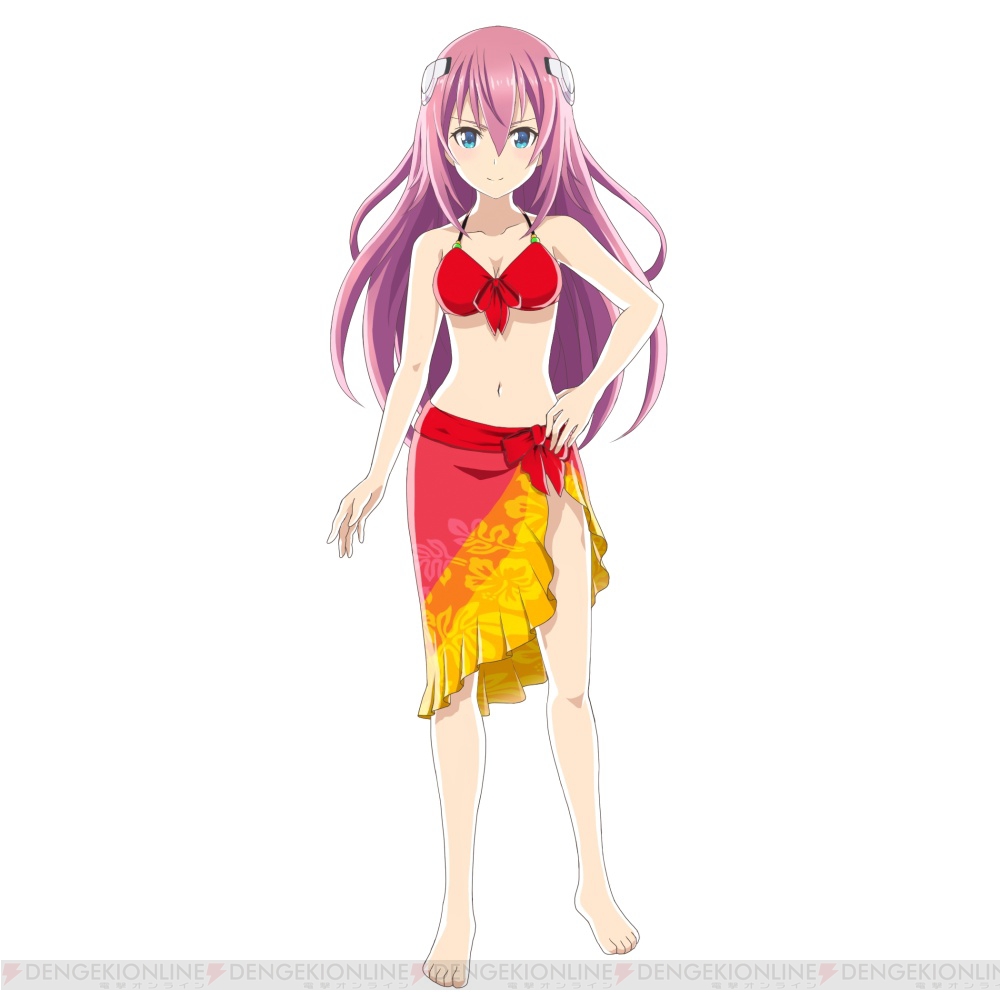 10s 1girl bikini blue_eyes blush breasts cleavage colored_skin dengeki female_focus full_body gakusen_toshi_asterisk hand_on_own_hip julis-alexia_von_riessfeld kawakami_tetsuya long_hair looking_at_viewer medium_breasts navel pink_hair red_bikini simple_background smile solo standing swimsuit white_background white_skin