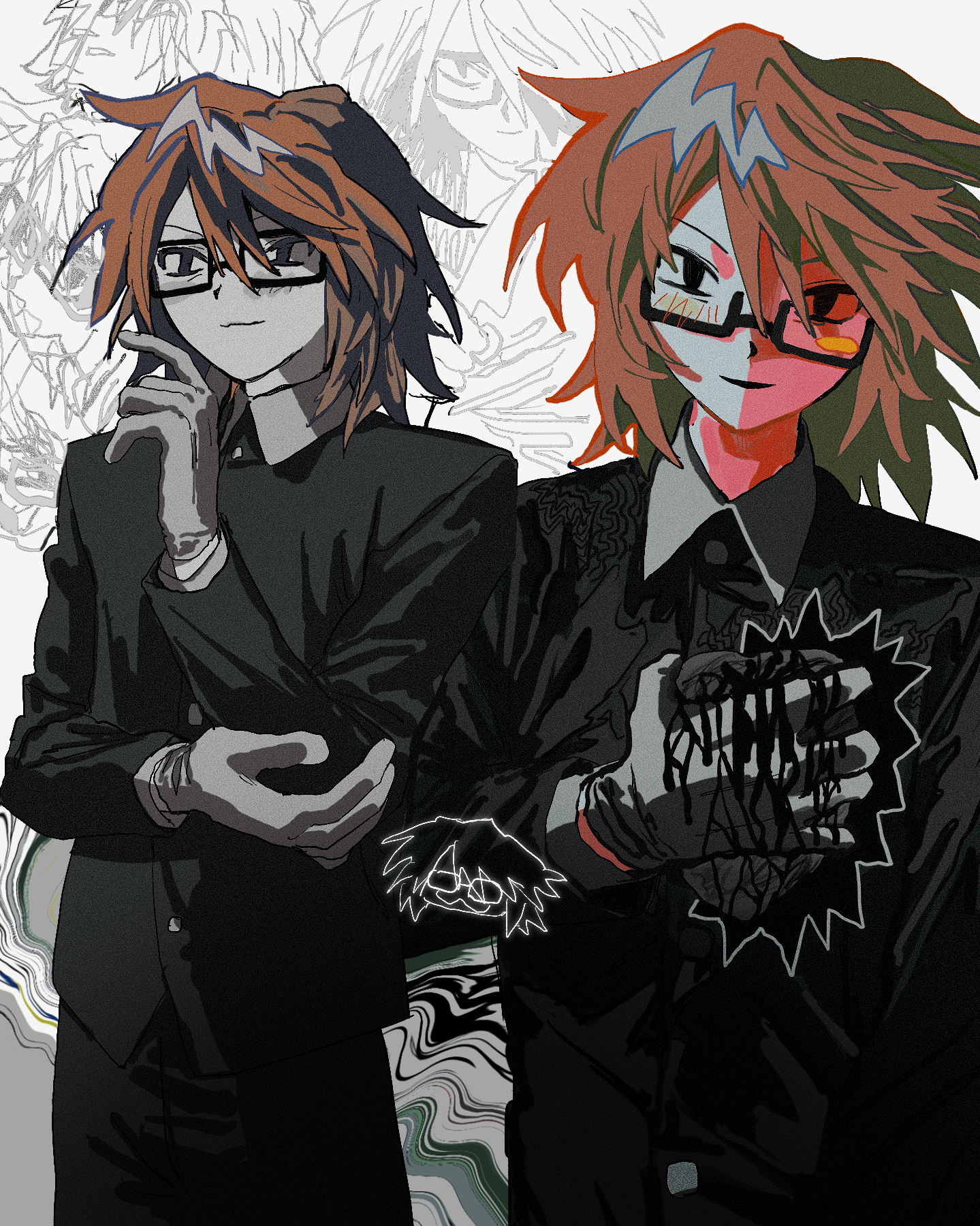 1boy black_eyes black_jacket commentary_request cowboy_shot glasses gloves heart_(organ) highres holding_heart_(organ) jacket looking_at_viewer male_focus multiple_views orange_hair randal&#039;s_friends randal_ivory short_hair tami_tome_mo white_background