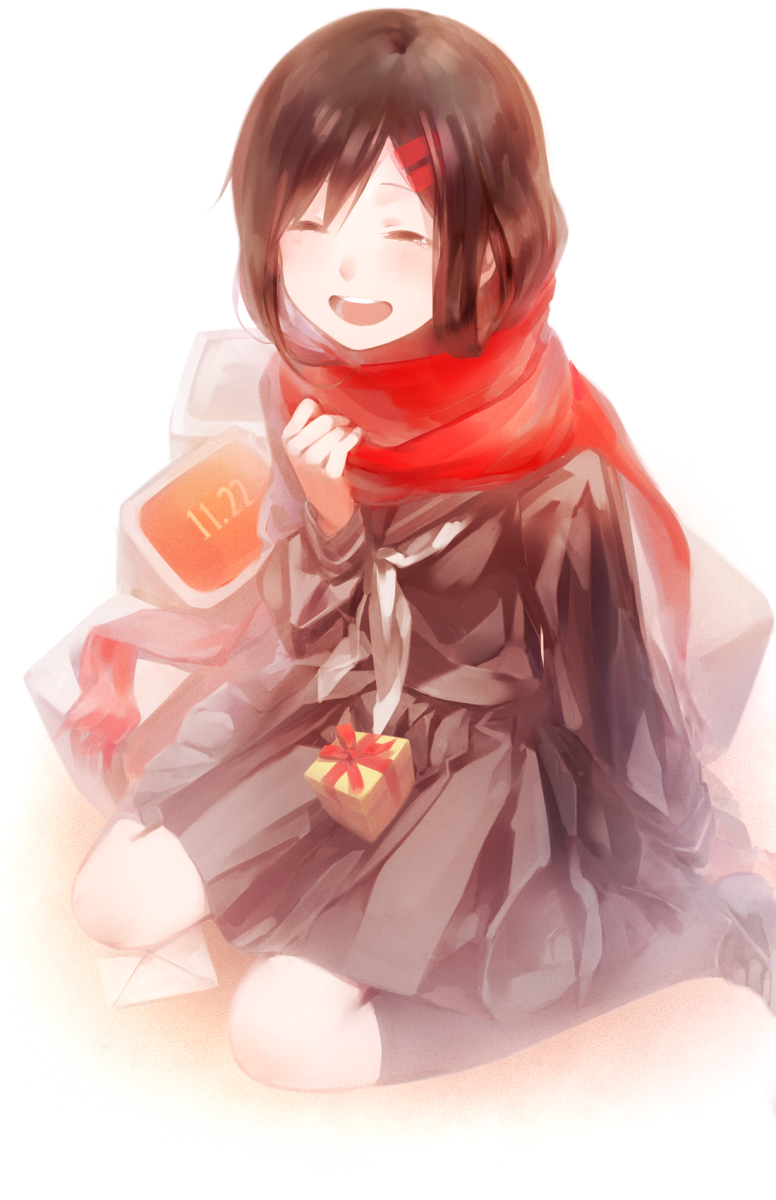 1girl black_hair black_shoes closed_eyes dekatanaba female_focus gift hair_ornament hairclip happy highres kagerou_project long_hair md5_mismatch red_scarf scarf school_uniform serafuku shoes smile solo tateyama_ayano tears