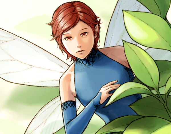 1girl blue_leotard demon_(megami_tensei) detached_sleeves fairy_wings fuji_(d38635s10) green_background leaf leotard mini_person minigirl pixie_(megami_tensei) pointy_ears red_eyes red_hair shin_megami_tensei shin_megami_tensei_i short_hair solo underwear upper_body wings