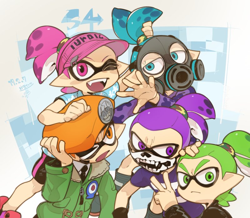 5boys aloha-kun_(splatoon) army-kun_(splatoon) bad_id bad_twitter_id bandana bandana_over_mouth beret blue_eyes blue_hair camouflage fangs gas_mask green_eyes green_hair hat inkling inkling_boy inkling_player_character jacket looking_at_viewer male_focus mask mask-kun_(splatoon) mojaranmo multiple_boys nintendo one_eye_closed open_mouth orange_eyes orange_hair pale_skin pink_eyes pink_hair pointy_ears purple_eyes purple_hair rider-kun_(splatoon) sharp_teeth shirt short_hair skull-kun_(splatoon) smile splatoon_(manga) splatoon_(series) splatoon_1 t-shirt teeth tentacle_hair topknot v