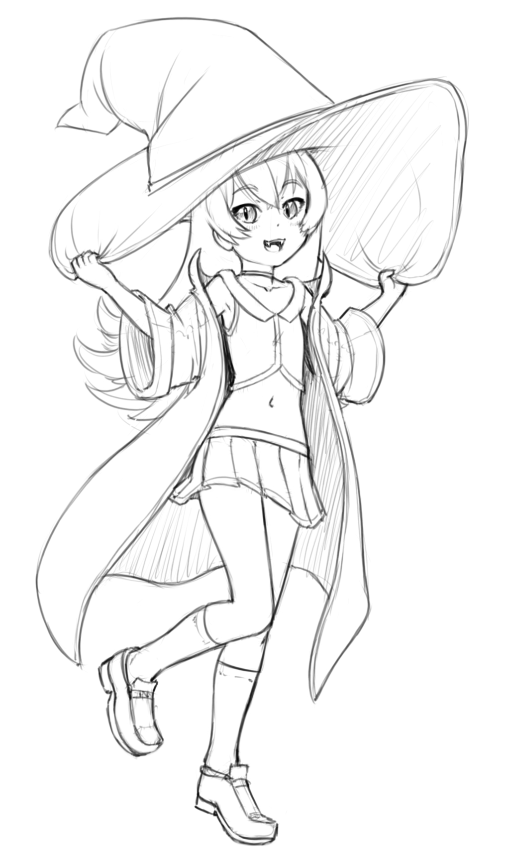 1girl alloyrabbit choker collarbone fangs full_body greyscale hand_on_headwear hat highres kneehighs kuroda_toshiko large_hat loafers long_hair long_sleeves looking_at_viewer miniskirt monochrome navel original oversized_hat robe shoes simple_background sketch skirt slit_pupils socks solo standing standing_on_one_leg vampire white_background wide_sleeves witch_hat
