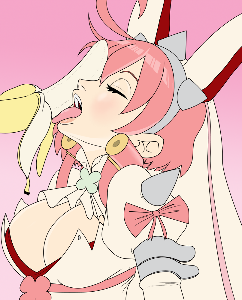 banana breasts cleavage closed_eyes elphelt_valentine fellatio fellatio_gesture food fruit guilty_gear headband large_breasts licking oral pink_hair rabbit_ears short_hair teevo