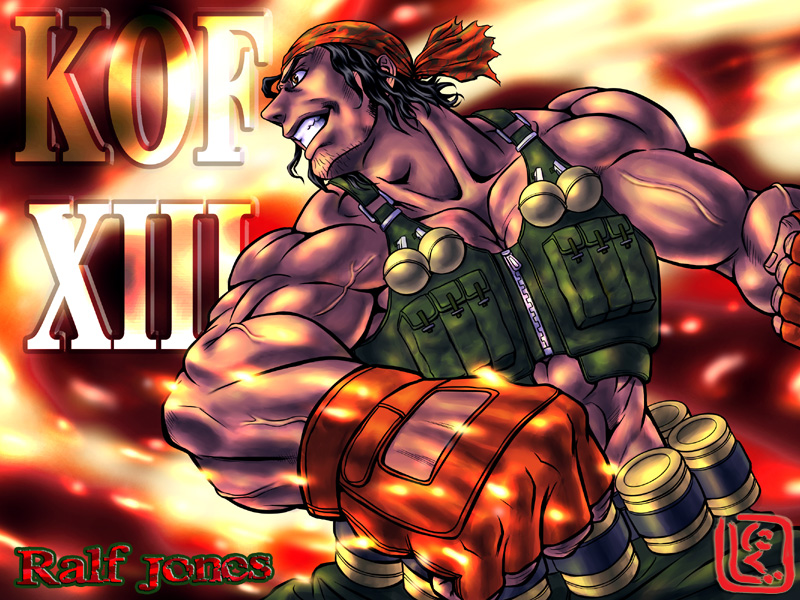 1boy bandana black_hair clenched_hands explosive facial_hair fingerless_gloves gloves grenade king_of_fighters_xiii male_focus muscular nikuji-kun ralf_jones short_hair sleeveless solo stubble tactical_clothes the_king_of_fighters the_king_of_fighters_xiii veins