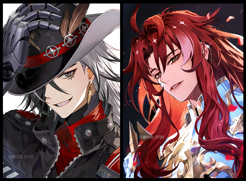 2boys ahoge argenti_(honkai:_star_rail) arm_up armor artist_name black_background black_border black_eyes black_hair black_hat black_jacket boothill_(honkai:_star_rail) border breastplate bullet_earrings commentary cowboy_hat crossed_bangs crosshair_pupils cyborg ear_piercing earrings falling_petals glint gold_earrings gold_trim green_eyes grin hair_intakes hair_over_one_eye hand_on_headwear hat hat_feather hat_over_one_eye honkai:_star_rail honkai_(series) jacket jewelry long_hair looking_at_viewer male_focus mole mole_under_eye multicolored_hair multiple_boys np_(1231_0720) one_eye_covered parted_bangs parted_lips pauldrons petals piercing red_hair red_pupils rose_petals sharp_teeth shoulder_armor sidelocks simple_background single_earring smile sparkle streaked_hair symbol-only_commentary teeth twitter_username twitter_x_logo upper_body white_background white_hair zipper
