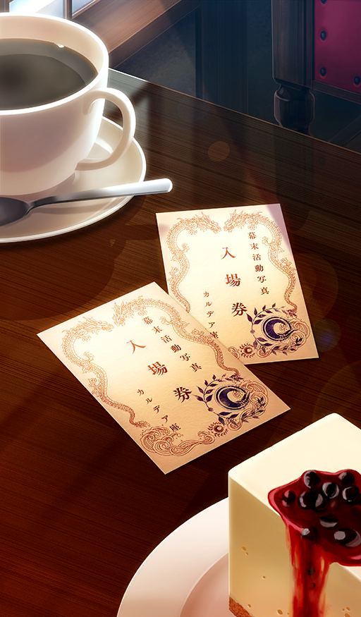 chaldea_logo chocolate_river_no_sono_saki_ni commentary_request cup dessert drink fate/grand_order fate_(series) food food_request indoors lens_flare light_rays no_humans nushiss object_focus official_art paper plate saucer spoon still_life third-party_source translation_request window