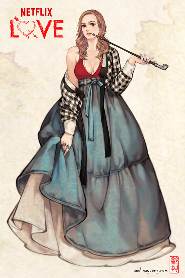 1girl blouse brown_hair daredevil elektra_natchios english_text full_body hanbok holding holding_smoking_pipe jewelry kiseru korean_clothes long_hair long_skirt marvel nayoung_wooh netflix open_clothes open_shirt plaid ring shirt skirt skirt_hold smoking_pipe standing watermark web_address