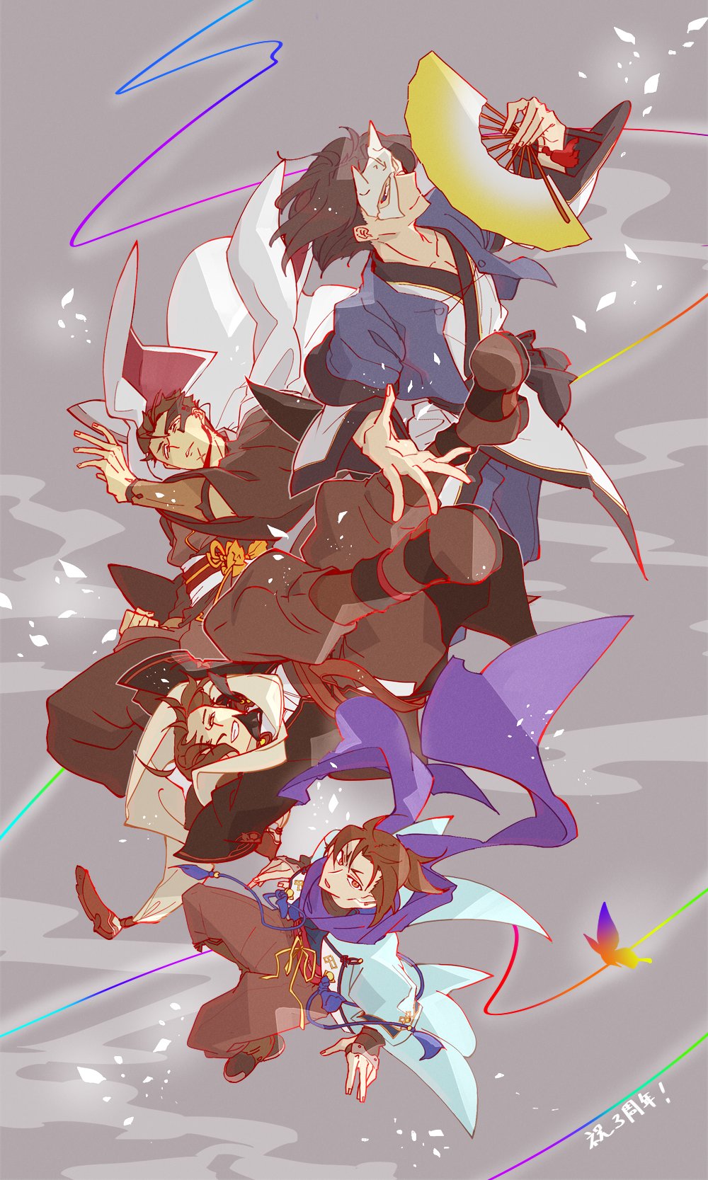 4boys ahoge ainu_clothes akuta_(utawarerumono:_lost_flag) aquaplus black_eyes black_hair blue_eyes boots brown_eyes brown_hair closed_mouth coat full_body gauntlets haku_(utawarerumono) hakuowlo hand_fan highres holding holding_fan holding_weapon imogome long_image long_sleeves looking_at_viewer mask medium_hair monochrome_mobius multiple_boys nose orange_eyes pants ponytail scar scar_on_face scarf short_hair smug tall_image translation_request ukon_(utawarerumono) utawarerumono utawarerumono:_itsuwari_no_kamen utawarerumono:_lost_flag weapon wide_sleeves