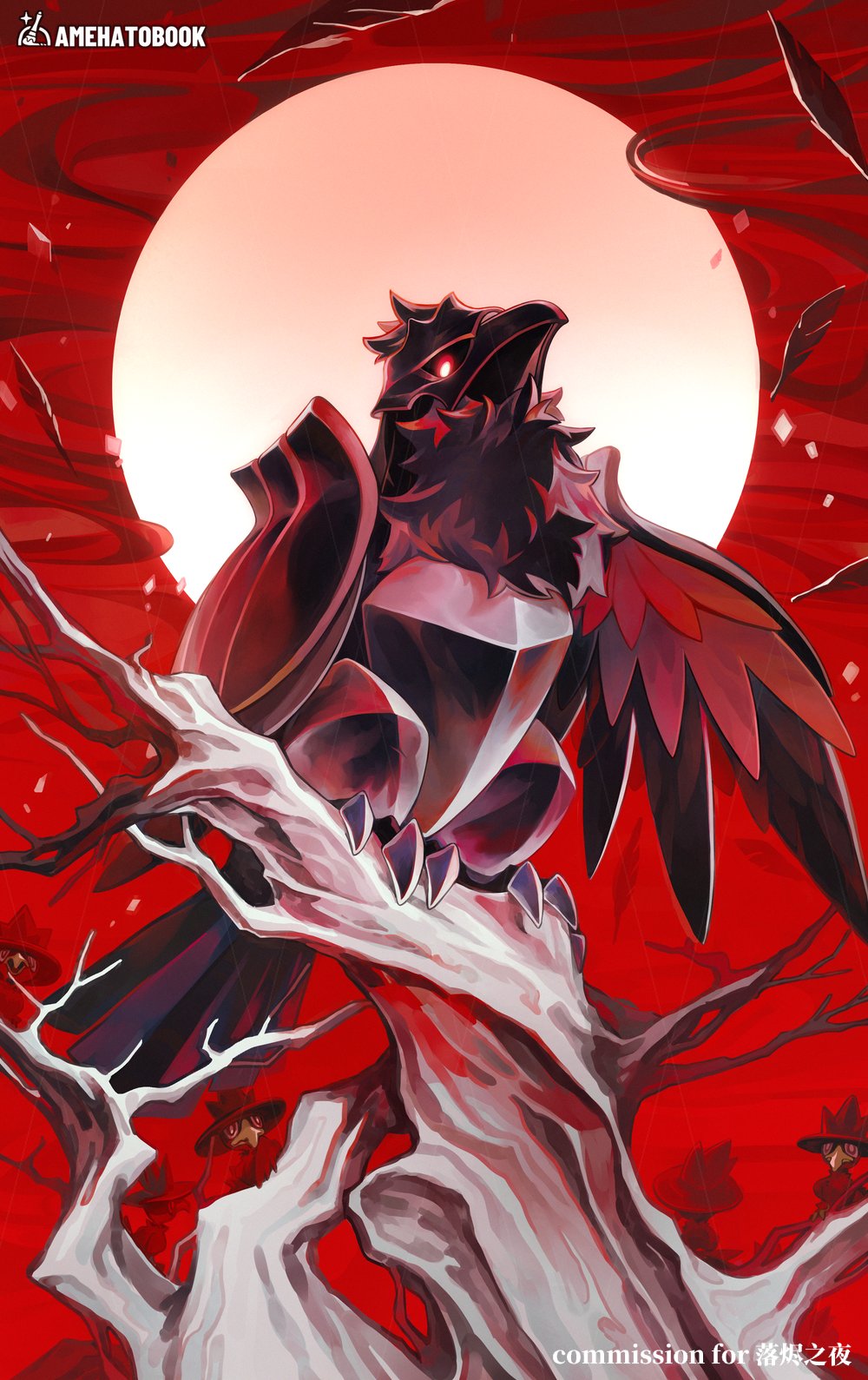 amehatobook artist_name bright_pupils closed_mouth commission corviknight feathers from_below gen_8_pokemon glowing glowing_eyes highres nintendo no_humans no_sclera on_branch pokemon pokemon_(creature) pokemon_focus red_eyes solo white_pupils