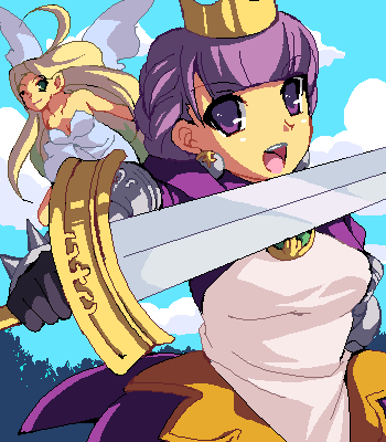 2girls arlia atlus blonde_hair blunt_bangs braid cloud crown day dress earrings enoo fairy gloves gradriel gradriel_de_valendia green_eyes happy jaggy_lines jewelry long_hair lowres multiple_girls oekaki one_eye_closed open_mouth princess_crown purple_eyes purple_hair short_hair size_difference sky smile spikes sword weapon wings wink