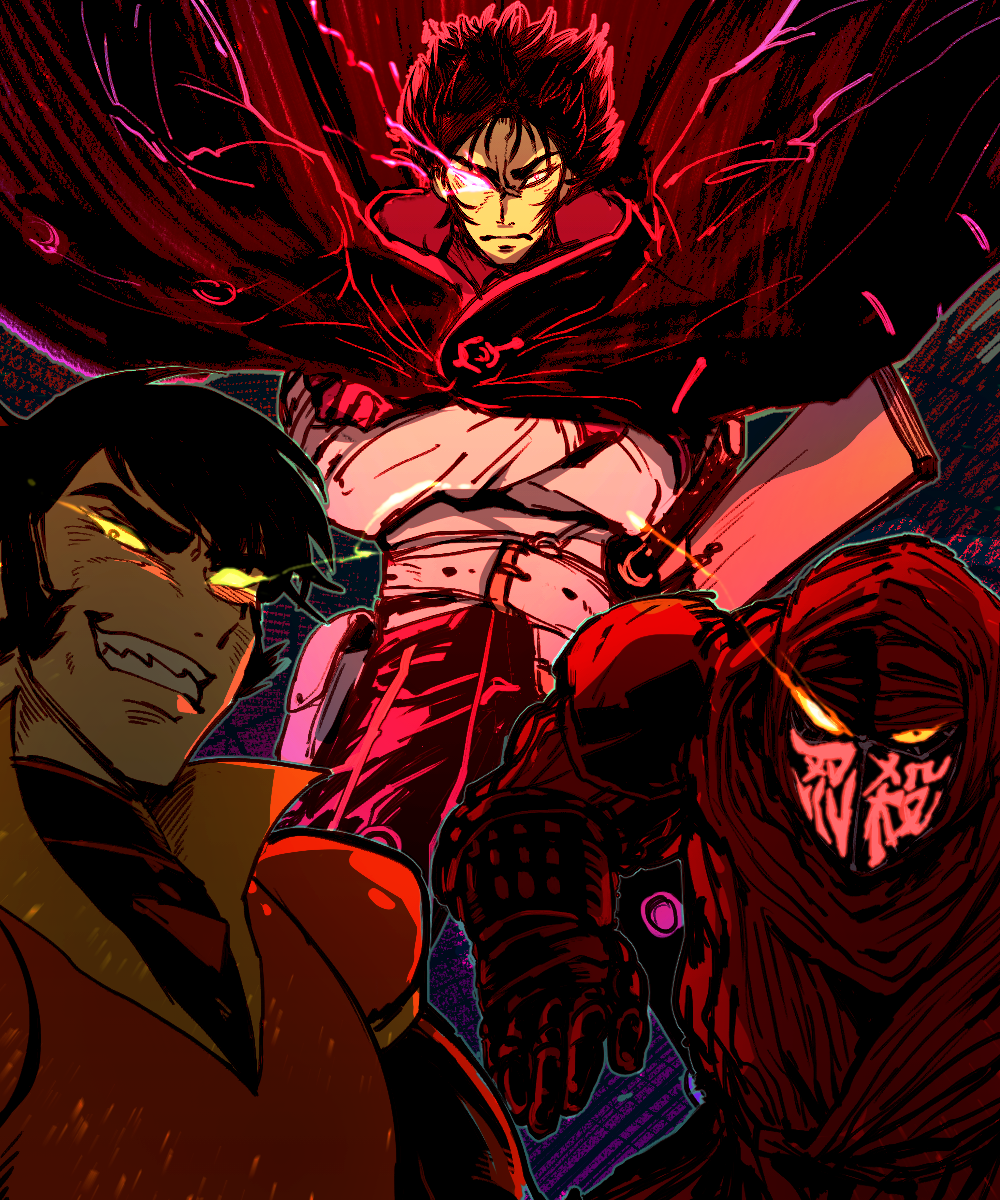 10s 3boys black_hair creator_connection crossed_arms crossover fate/grand_order fate_(series) fujikido_kenji glowing glowing_eye grin hemeru highres hijikata_toshizou_(fate) male_focus mask mazinger_(series) mouth_mask multiple_boys ninja ninja_slayer scarf sharp_teeth shin_mazinger_zero smile teeth tsurugi_tetsuya