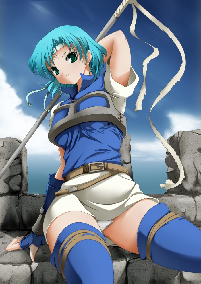 1girl 2000s_(style) aqua_eyes arm_behind_head arm_up armor ashita_yaru belt belt_buckle blue_gloves blue_hair blue_shirt blue_sky blue_thighhighs breasts brown_belt buckle closed_mouth cloud day fingerless_gloves fire_emblem fire_emblem:_the_binding_blade gloves hair_intakes headband high_collar holding holding_polearm holding_weapon large_breasts light_blue_hair miniskirt nintendo outdoors panties pegasus_knight_uniform_(fire_emblem) polearm shirt short_hair short_sleeves sitting skirt sky solo thea_(fire_emblem) thighhighs underwear weapon white_headband white_panties white_skirt zettai_ryouiki