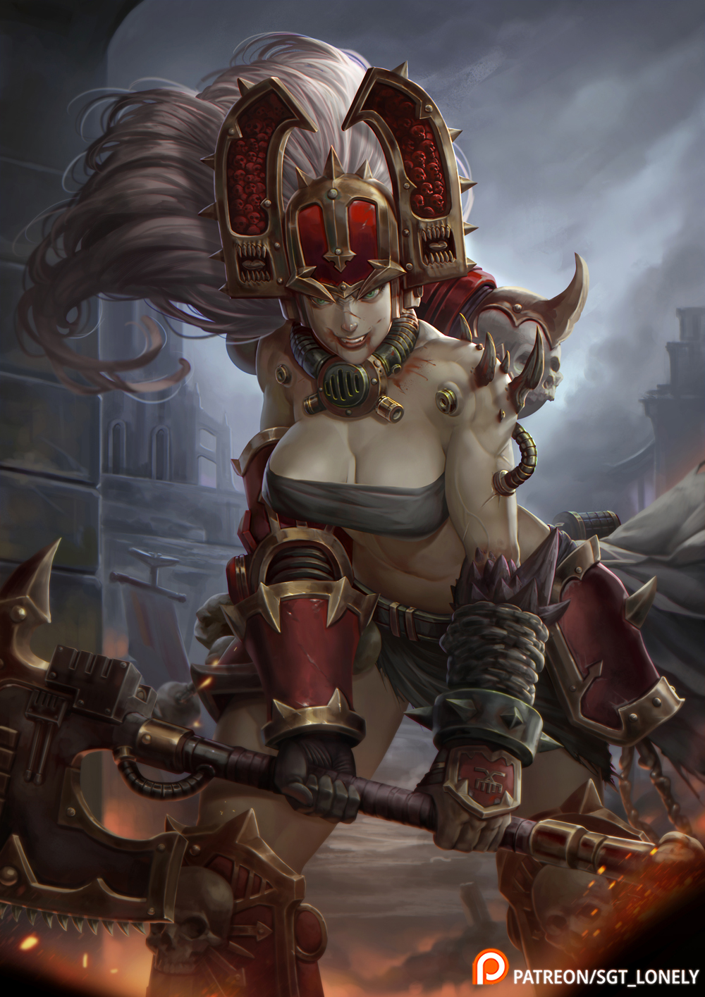 1girl abs adeptus_astartes axe belt bracer breasts chain_axe chaos_(warhammer) chaos_space_marine cleavage fake_horns fang gloves green_eyes helmet highres horned_headwear horned_helmet horns khorne large_breasts loincloth long_hair muscular muscular_female sarashi sgt_lonely skin-covered_horns solo teeth warhammer_40k white_hair
