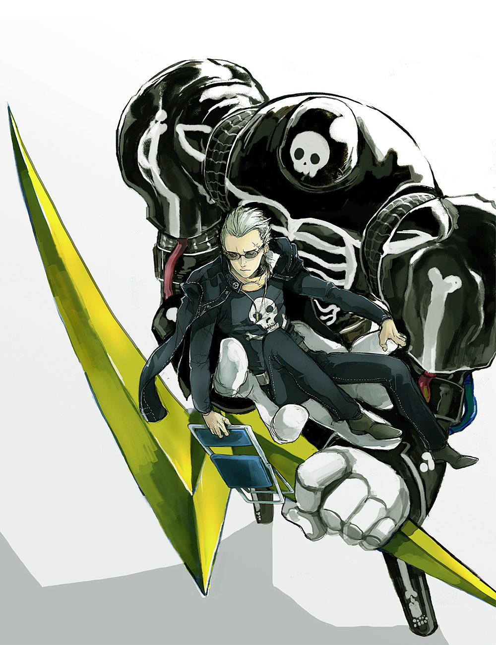 2boys atlus bad_id bad_pixiv_id belt blonde_hair bullet chair dual_persona folding_chair glasses highres jacket jacket_on_shoulders jewelry jolly_roger lightning_bolt_symbol long_sleeves looking_down multiple_boys necklace notmo pants persona persona_4 scar shoes short_hair skull_and_crossbones sunglasses take-mikazuchi tatsumi_kanji widow&#039;s_peak