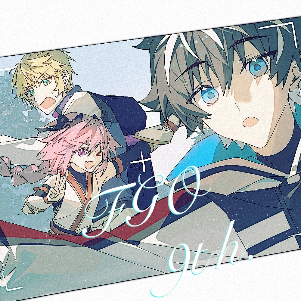 3boys :d :o anniversary armband astolfo_(exhibition_attire)_(fate) astolfo_(fate) black_bow black_hair blonde_hair blue_eyes bow braid charlemagne_(fate) charlemagne_(first_ascension)_(fate) cousins fang fate/grand_order fate_(series) hair_bow hair_intakes idass_(idass16) jacket japanese_clothes kimono long_hair looking_at_viewer male_focus multicolored_hair multiple_boys official_alternate_costume one_eye_closed open_mouth pink_hair purple_eyes roland_(fate) short_hair skin_fang sleeveless sleeveless_kimono smile streaked_hair sword v weapon white_hair white_jacket