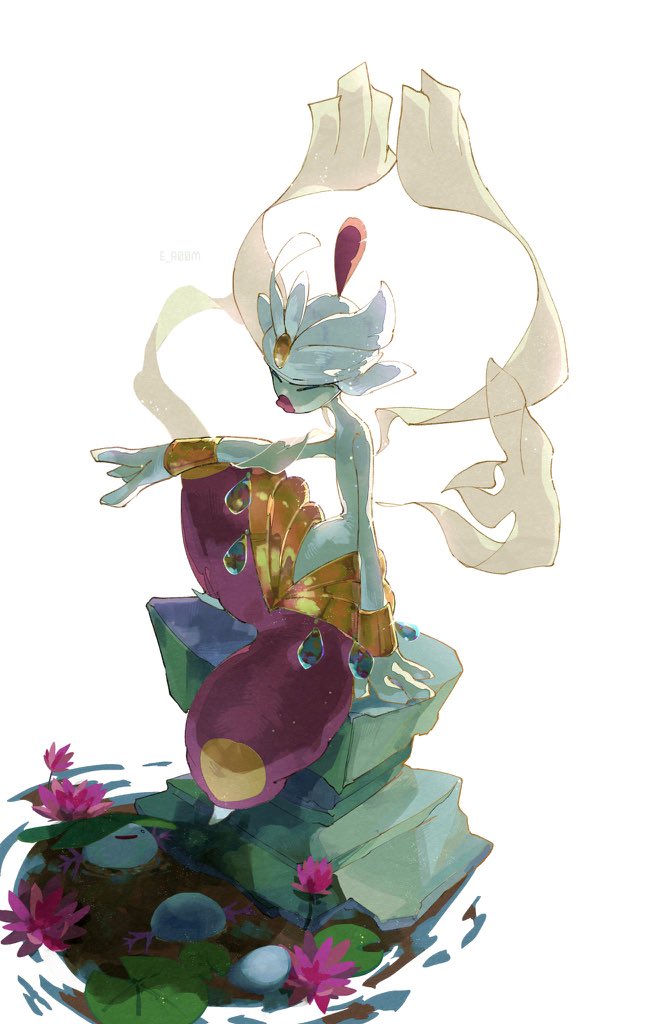 0_ici_0 arm_support artist_name bad_id bad_twitter_id closed_eyes closed_mouth full_body gen_2_pokemon gen_3_pokemon lily_pad medicham mega_medicham mega_pokemon nintendo pokemon pokemon_(creature) rock solo water white_background wooper