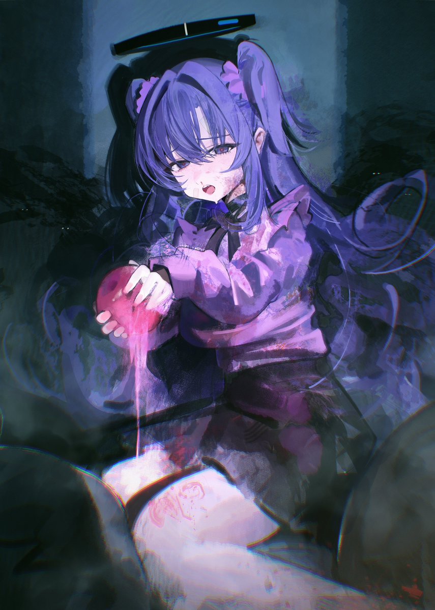 1girl apple black_bow black_choker black_skirt blue_archive blue_eyes blush bow breasts choker food fruit halo jirai_kei long_hair long_sleeves mechanical_halo open_mouth pink_shirt purple_eyes purple_hair renn_01 shirt skirt trash_bag two_side_up yuuka_(blue_archive)