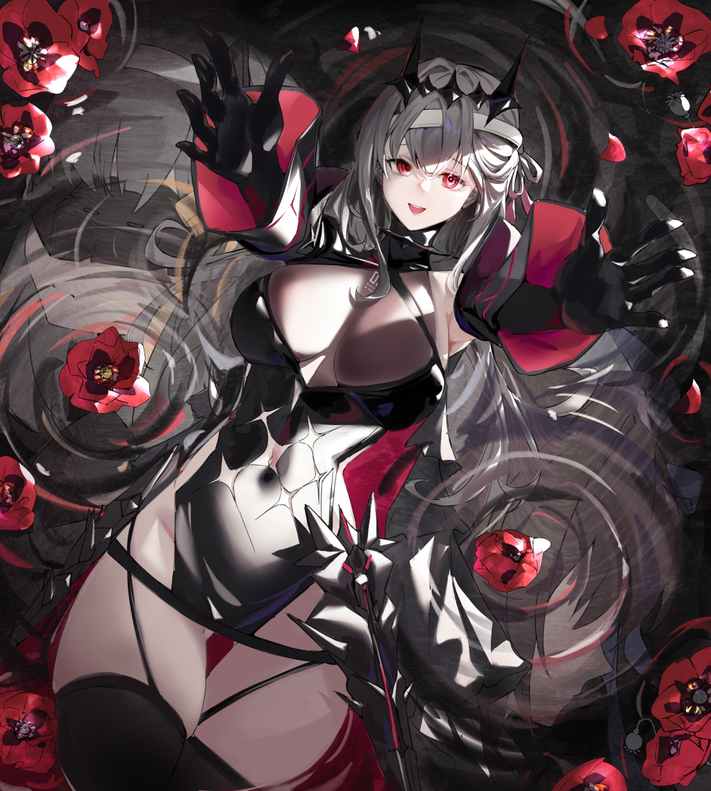 1girl bandaged_head bandages black_crown black_tiara breasts cleavage crown flower goddess_of_victory:_nikke grey_hair modernia_(nikke) modernia_(second_affection)_(nikke) official_alternate_costume outstretched_arms pink_eyes red_flower ru_yan see-through_cleavage see-through_clothes sideless_dress solo tiara water