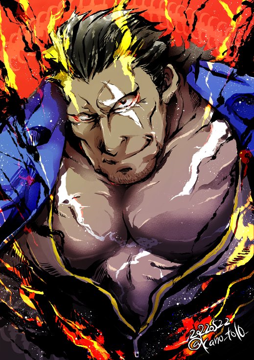 1boy bara beard_stubble blue_jacket cheekbones closed_mouth commentary_request dark-skinned_male dark_skin dated facial_hair fire jacket jacket_on_shoulders kano_(kano_to10) large_pectorals light_particles looking_at_viewer low_ponytail male_focus mature_male muscular muscular_male partially_unzipped pectoral_cleavage pectorals ponytail red_background scar scar_across_eye scar_on_chest scar_on_face short_hair sideburns smile solo stubble taishakuten_(housamo) tokyo_houkago_summoners twitter_username upper_body