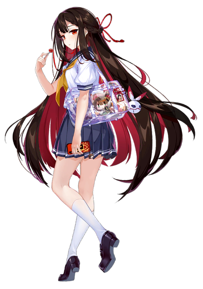 1girl bag benghuai_xueyuan black_hair black_shoes candy cellphone closed_mouth elsa_lopez_(benghuai_xueyuan) food full_body holding holding_candy holding_food holding_lollipop holding_phone honkai_(series) lollipop long_hair multicolored_hair mushoku_kika official_art phone red_eyes red_hair school_uniform serafuku shirt shoes smartphone socks solo third-party_source transparent_background transparent_bag two-tone_hair very_long_hair white_shirt white_socks