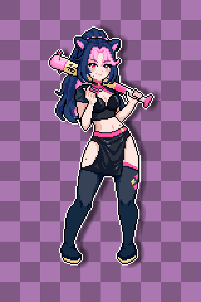 1girl animal_ears baseball_bat beckoning belt belt_buckle black_bra black_skirt blue_boots blue_hair blue_shrug boots bra breasts buckle checkered_background cleavage colored_inner_hair commentary_request contrapposto full_body half-skirt hands_up holding holding_baseball_bat indie_virtual_youtuber long_hair looking_at_viewer midriff mole mole_on_stomach mole_on_thigh mole_under_mouth multicolored_hair navel naviel panther_ears pelvic_curtain pink_belt pink_eyes pink_hair pixel_art ponytail purple_background shrug_(clothing) shura_hiwa skirt smirk spanish_commentary standing streaked_hair thigh_boots turtleneck_shrug underwear virtual_youtuber