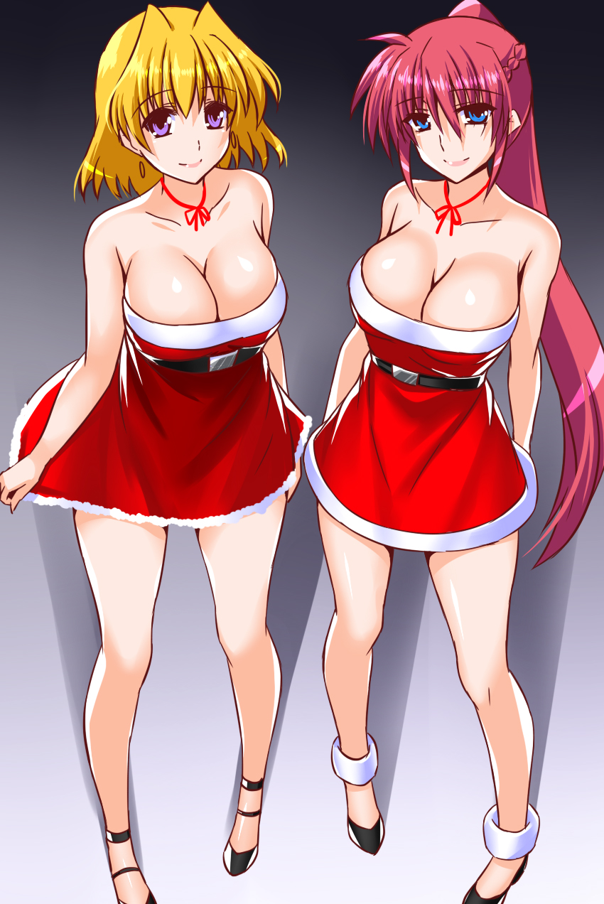 2girls arms_behind_back bare_shoulders belt black_belt black_footwear blonde_hair braid breasts christmas cleavage closed_mouth commentary crown_braid dress earrings engo_(aquawatery) flats fur-trimmed_dress fur_trim gradient_background grey_background highres hoop_earrings jewelry large_breasts long_hair looking_at_viewer lyrical_nanoha medium_hair microdress multiple_girls neck_ribbon ponytail purple_eyes red_dress red_hair red_ribbon ribbon santa_costume santa_dress shadow shamal side-by-side sidelocks signum skirt_hold smile standing strapless strapless_dress