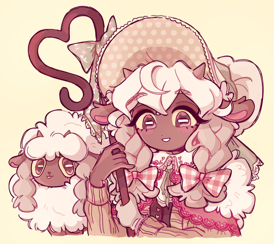 1girl animal_ears blush_stickers bonnet bow braid brown_eyes classic_lolita colored_sclera country_lolita eyelashes fluffy furry furry_female gen_8_pokemon gingham hair_bow holding horizontal_pupils horns lolita_fashion looking_at_viewer nekozneko nintendo personification pokemon pokemon_(creature) sheep sheep_ears sheep_girl sheep_horns twin_braids white_hair wooloo yellow_background yellow_sclera