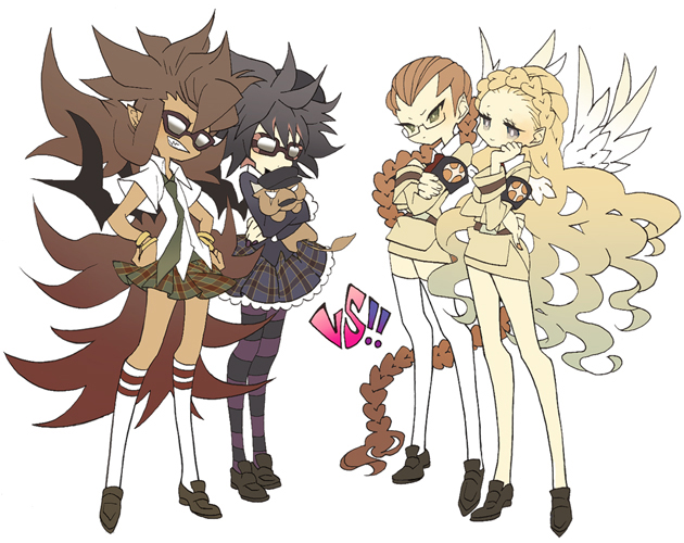 ! !! 1girl 3boys bad_id bad_pixiv_id belzebu blonde_hair blue_eyes brown_hair cosplay crossdressing dark_skin demon demon_boy demon_wings desuta glasses green_eyes guel inazuma_eleven inazuma_eleven_(series) kneesocks_(psg) kneesocks_(psg)_(cosplay) long_hair multiple_boys panty_&amp;_stocking_with_garterbelt panty_(psg) panty_(psg)_(cosplay) pantyhose scanty_(psg) scanty_(psg)_(cosplay) sein_(inazuma_eleven) short_hair stocking_(psg) stocking_(psg)_(cosplay) striped_clothes striped_pantyhose striped_thighhighs sunglasses thighhighs trap tsumi_guilty very_long_hair wings