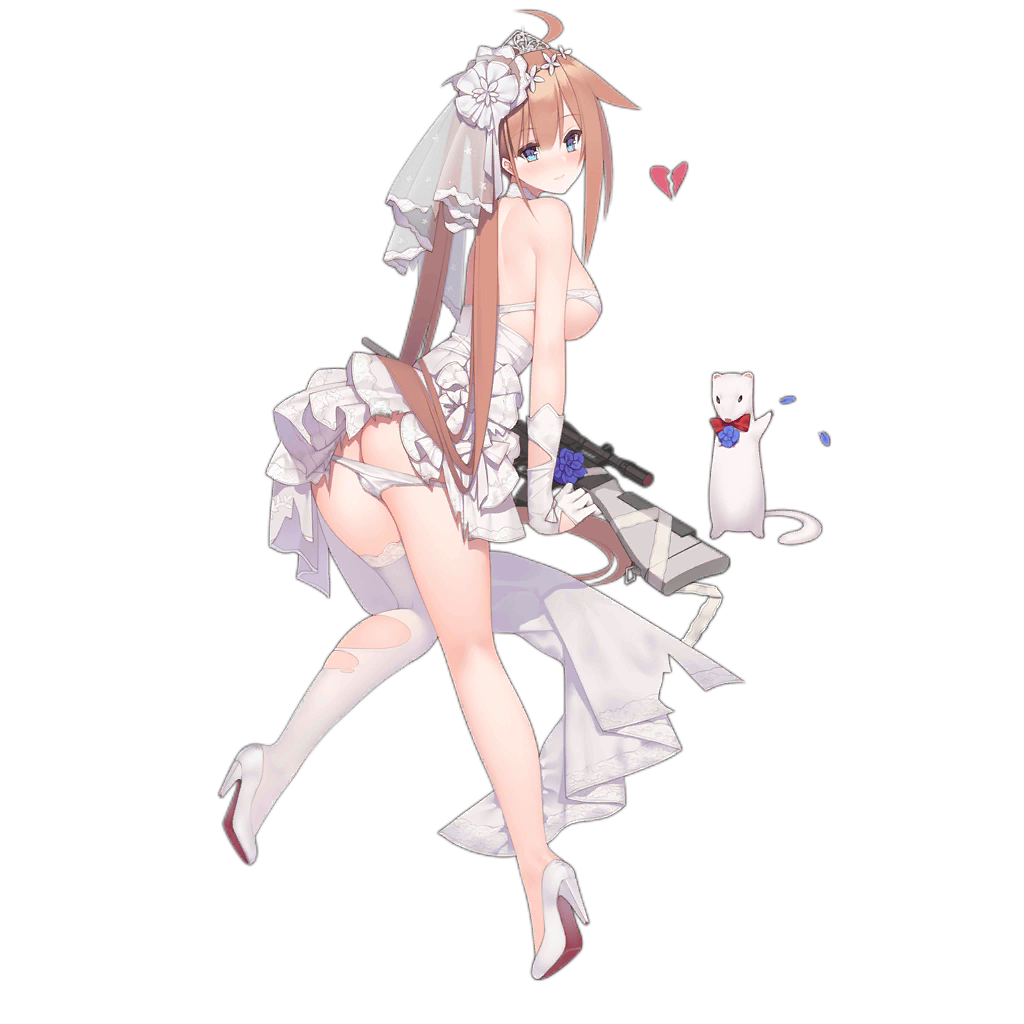 1girl ahoge animal ass battle_rifle blonde_hair blue_eyes blunt_bangs blush bow bowtie breasts bridal_veil bride broken_heart choker closed_mouth dress elbow_gloves ermine fal_(girls&#039;_frontline) fal_(the_big_day)_(girls&#039;_frontline) female_focus flower fn_fal from_behind full_body girls&#039;_frontline gloves gun hair_flower hair_ornament heart high_heels knees_together_feet_apart knife large_breasts leg_up long_hair looking_at_viewer looking_back mouse_(animal) official_alternate_costume official_art plucking_petals red_bow red_bowtie rifle scope shadow shoes short_dress side_ponytail single_thighhigh solo standing standing_on_one_leg strapless strapless_dress suisai_(suisao) thighhighs torn_clothes torn_dress transparent_background veil very_long_hair weapon weasel wedding_dress white_background white_dress white_flower white_gloves white_shoes white_thighhighs
