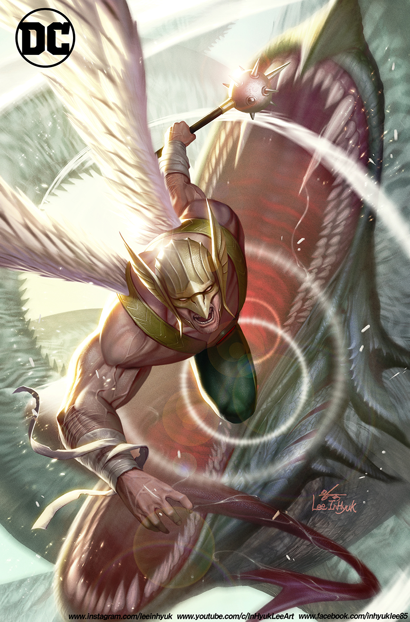 1boy bandaged_wrist bandages beard_stubble dc_comics dragon facial_hair feathered_wings flying green_pants hawkman helmet highres holding holding_mace holding_weapon in-hyuk_lee mace monster muscular muscular_male open_mouth pants sharp_teeth signature spiked_mace spikes stubble teeth veins veiny_arms weapon wind winged_helmet wings