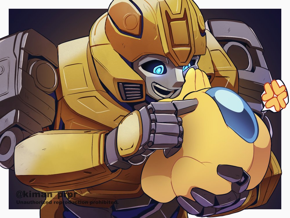 1boy 1other among_us anger_vein artist_name black_sclera blue_eyes bumblebee_(transformers) colored_sclera crossover english_text holding kiman looking_at_another male_focus robot speech_bubble spoken_anger_vein transformers transformers_one watermark yellow_(among_us)